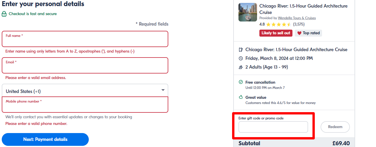 GetYourGuide checkout page with total price also showing the red box where the customer can place the GetYourGuide promo code