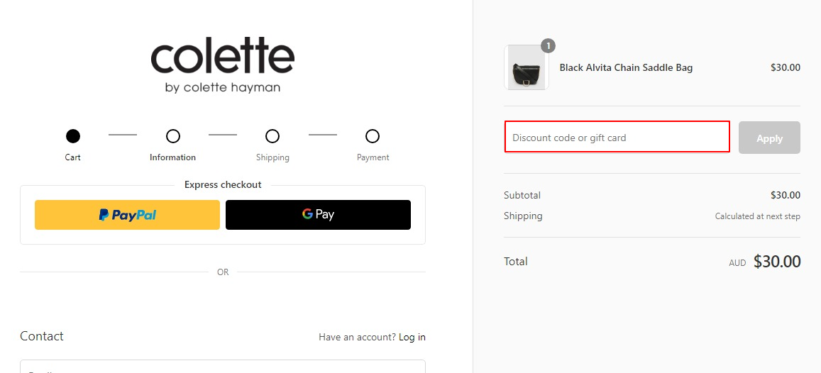The highlighted red box at the brand checkout page is showing where to add the Colette Hayman discount code.