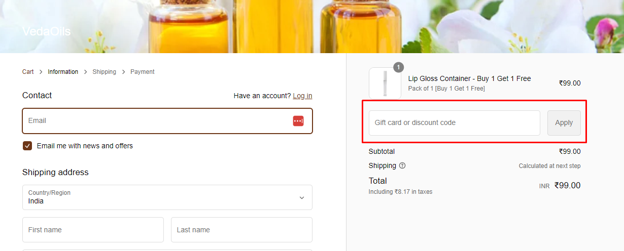 How do I use my Vedaoils discount code?
