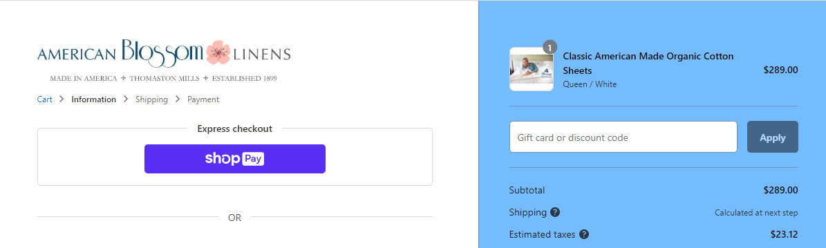 How do I use my American Blossom Linens discount code?