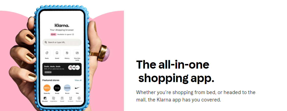 Klarna payment option shown with a hand holding a phone with information