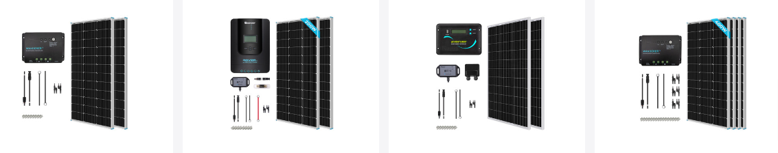 different solar kits from Renogy displayed with white backgrounds in four frames