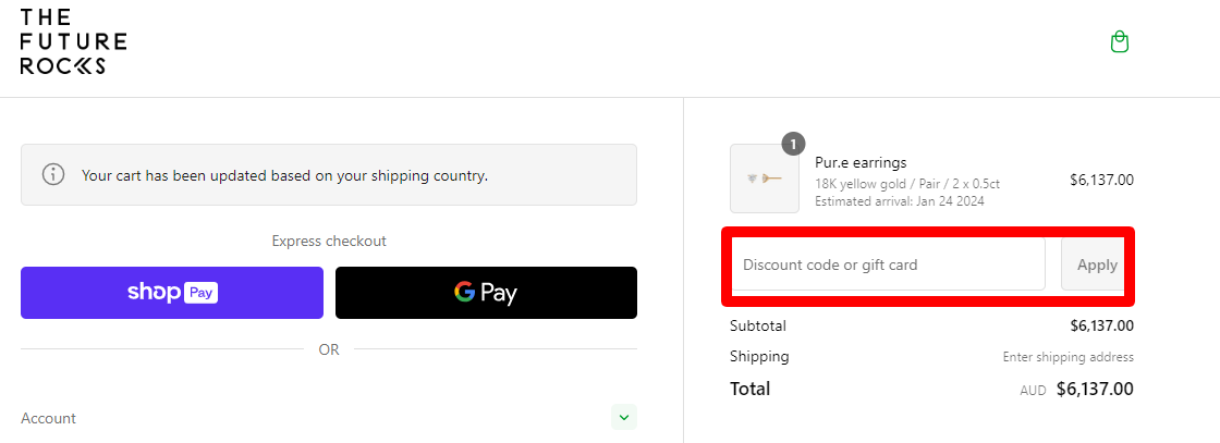 The brand checkout page with where to add the The Future Rocks discount code is highlighted with a red box