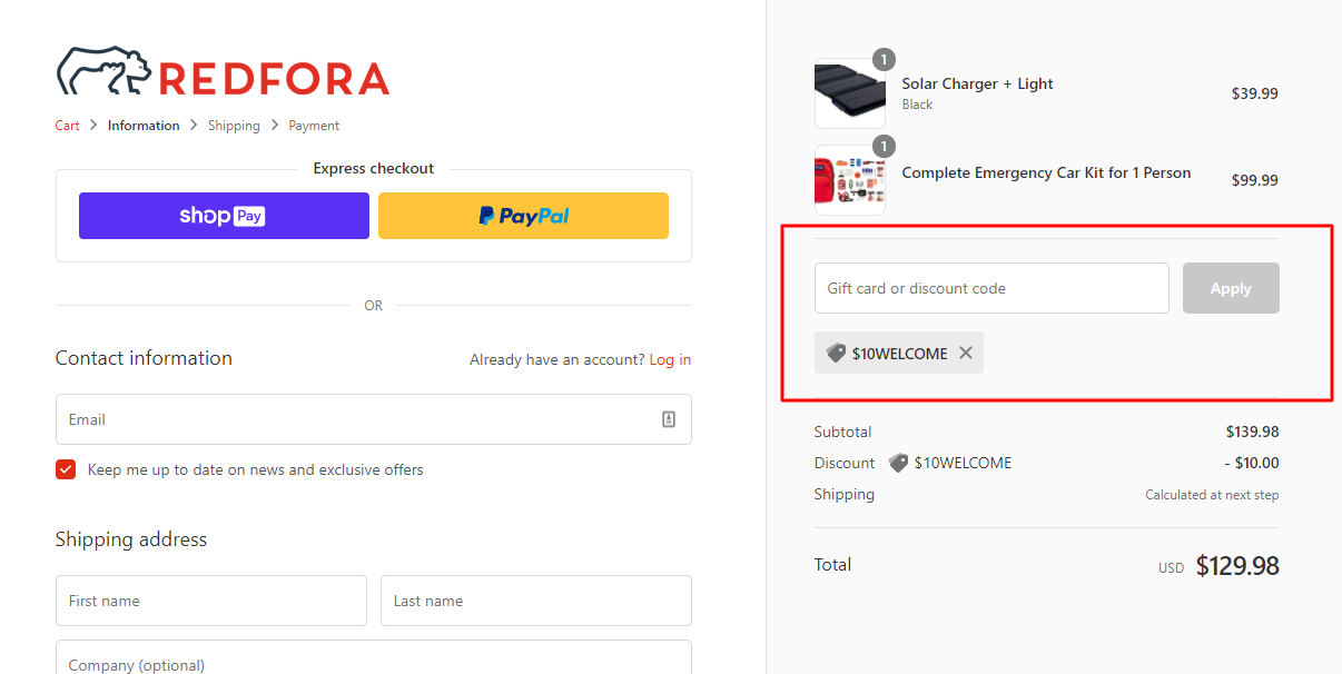How do I use my Redfora discount code?