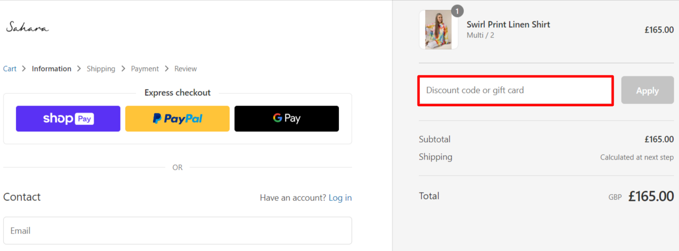 The brand checkout page with where to add the Sahara discount code highlighted with a red box