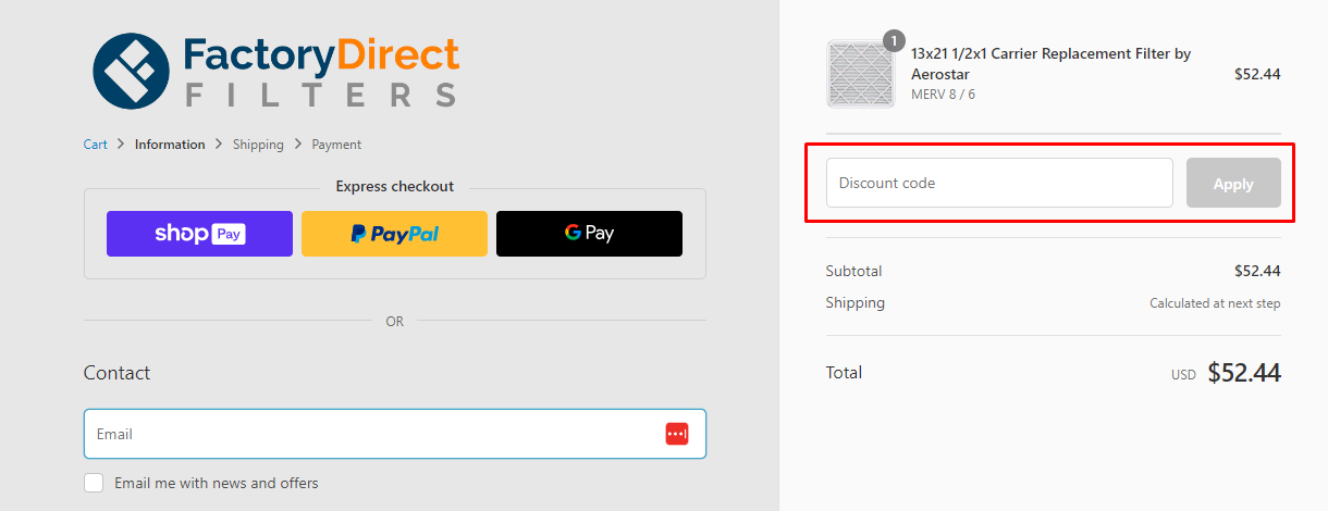 How do I use my Factory Direct Filters discount code?