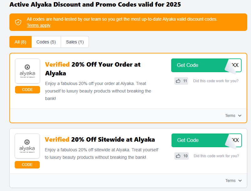 The available Alyaka voucher codes at Love Discount Vouchers