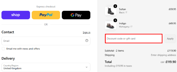 A box where you can add your Heavenly Feet voucher code to redeem it