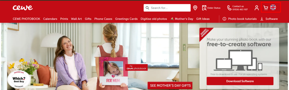 The CEWE home page and the different shopping categories, as well as the shopping cart icon highlighted with a red box