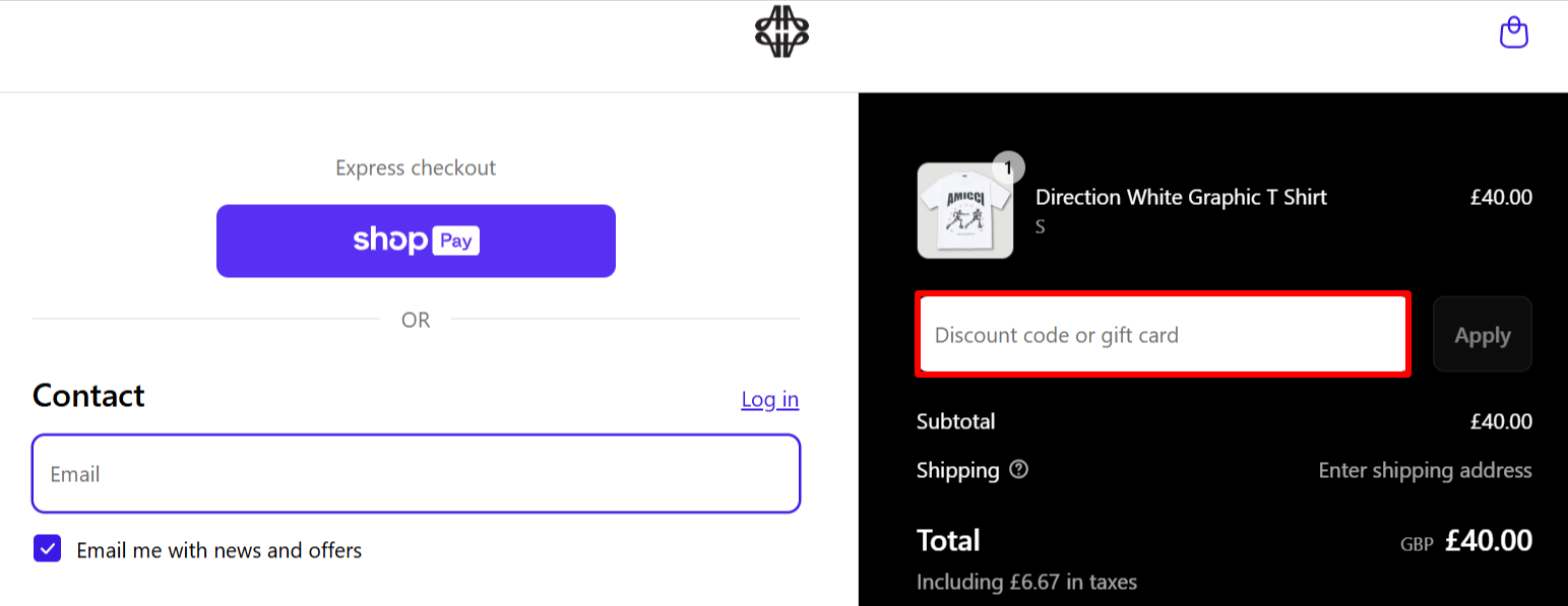 The checkout page showing where to apply your Amicci voucher code