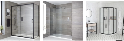 A collage of morden bathrooms with different types of glass door showers
