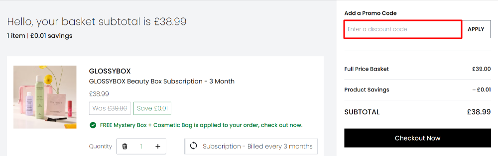 The GLOSSYBOX checkout page with where to paste the GLOSSYBOX voucher code in a red box