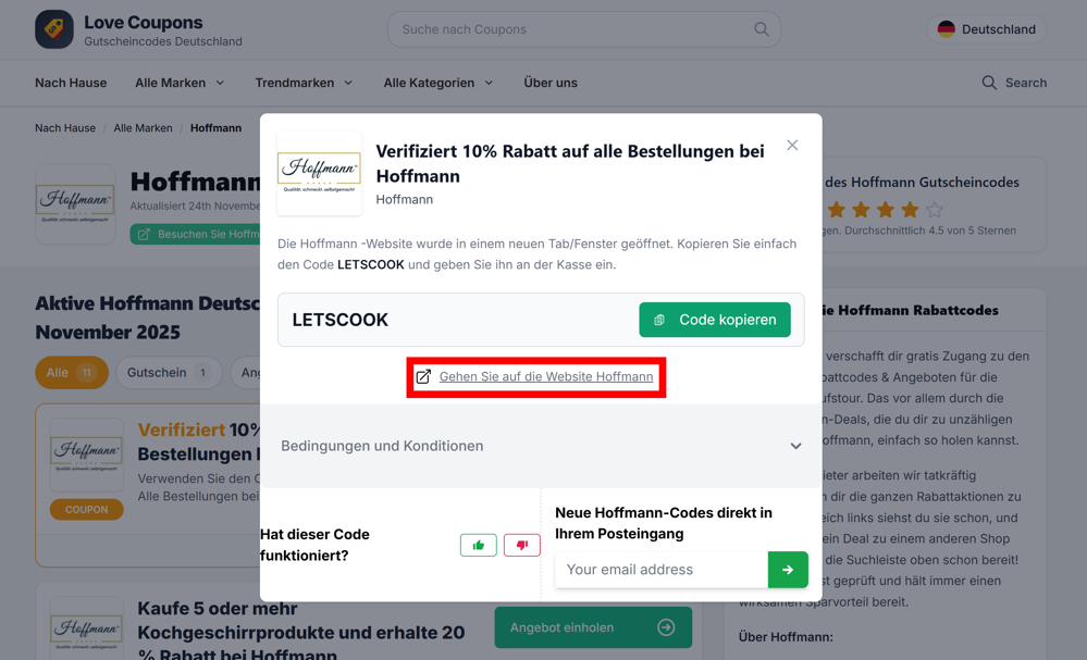 Ein offener Gutschein für Hoffmann auf der Love Coupons-Seite mit rotmarkierten Link