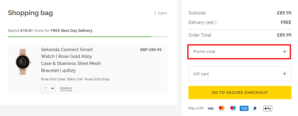 a red box where a SEKONDA discount code is to be entered