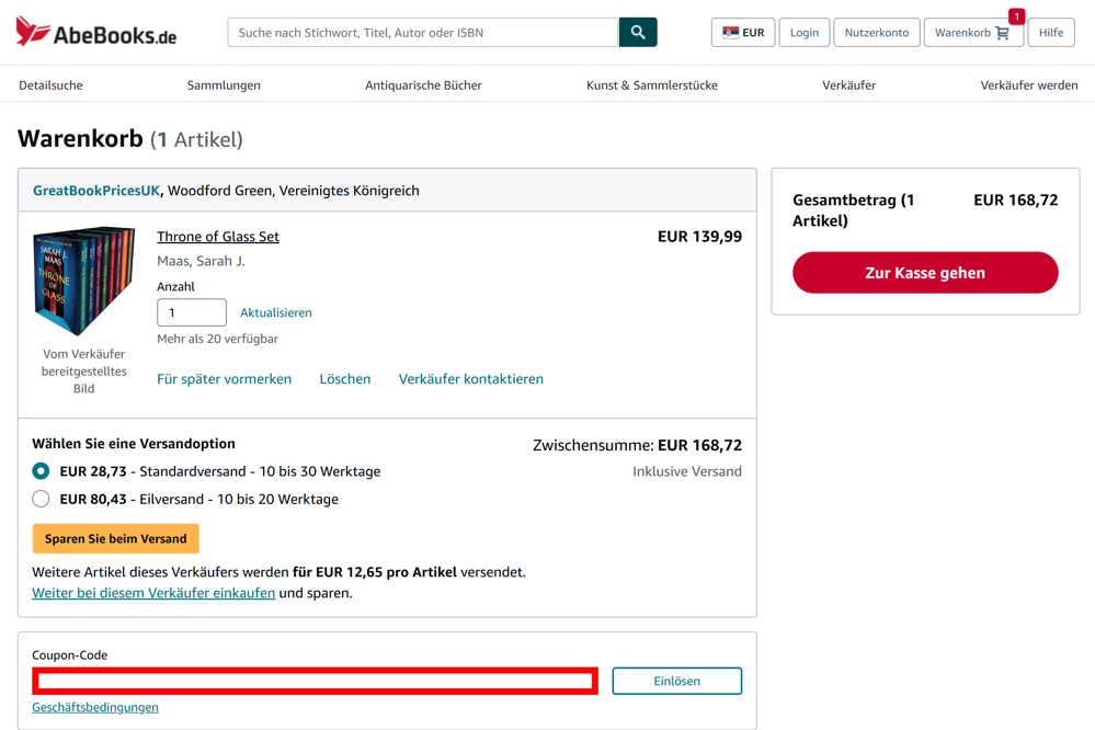 Warenkorb von AbeBooks mit einem rotmarkierten Eingabefeld für Gutscheine