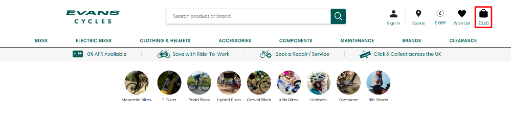 The Evans Cycles website and the categories, with the shopping bag highlighted with a red box