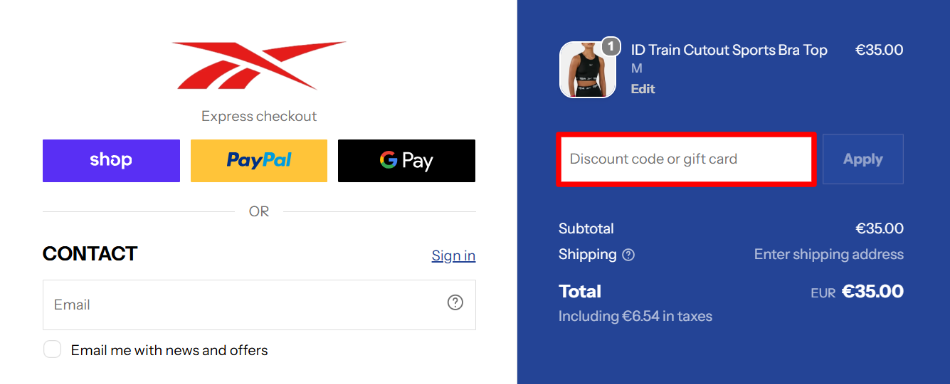 Checkout page where you can apply your promo code