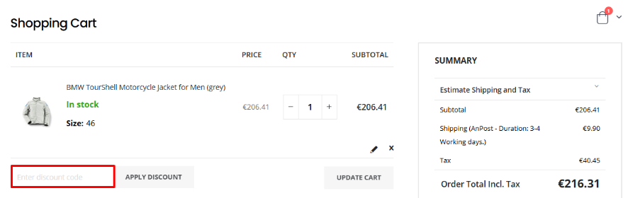 A red box that shows where to place your BMW Motorrad discount code