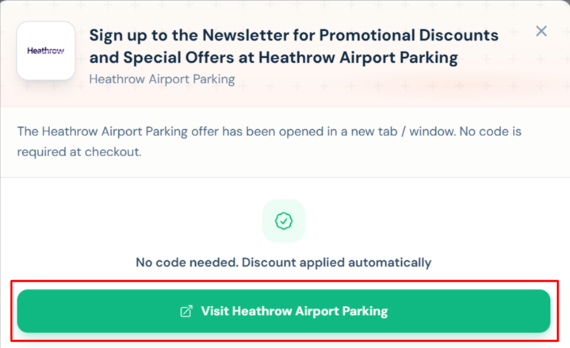 A Heathrow Airport Parking offer with "Visit Heathrow Airport Parking" in a red box