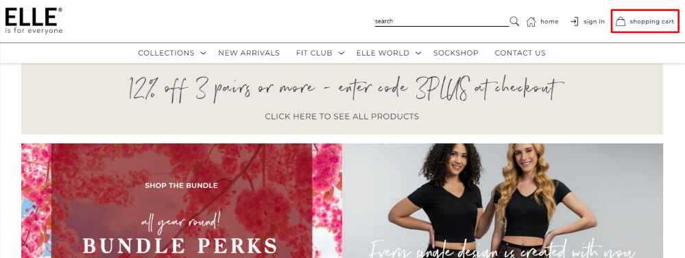 The ELLE website and the shopping categories, with the shopping cart highlighted with a red box