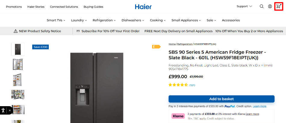 A Haier product description page with the cart icon highlighted in a red box