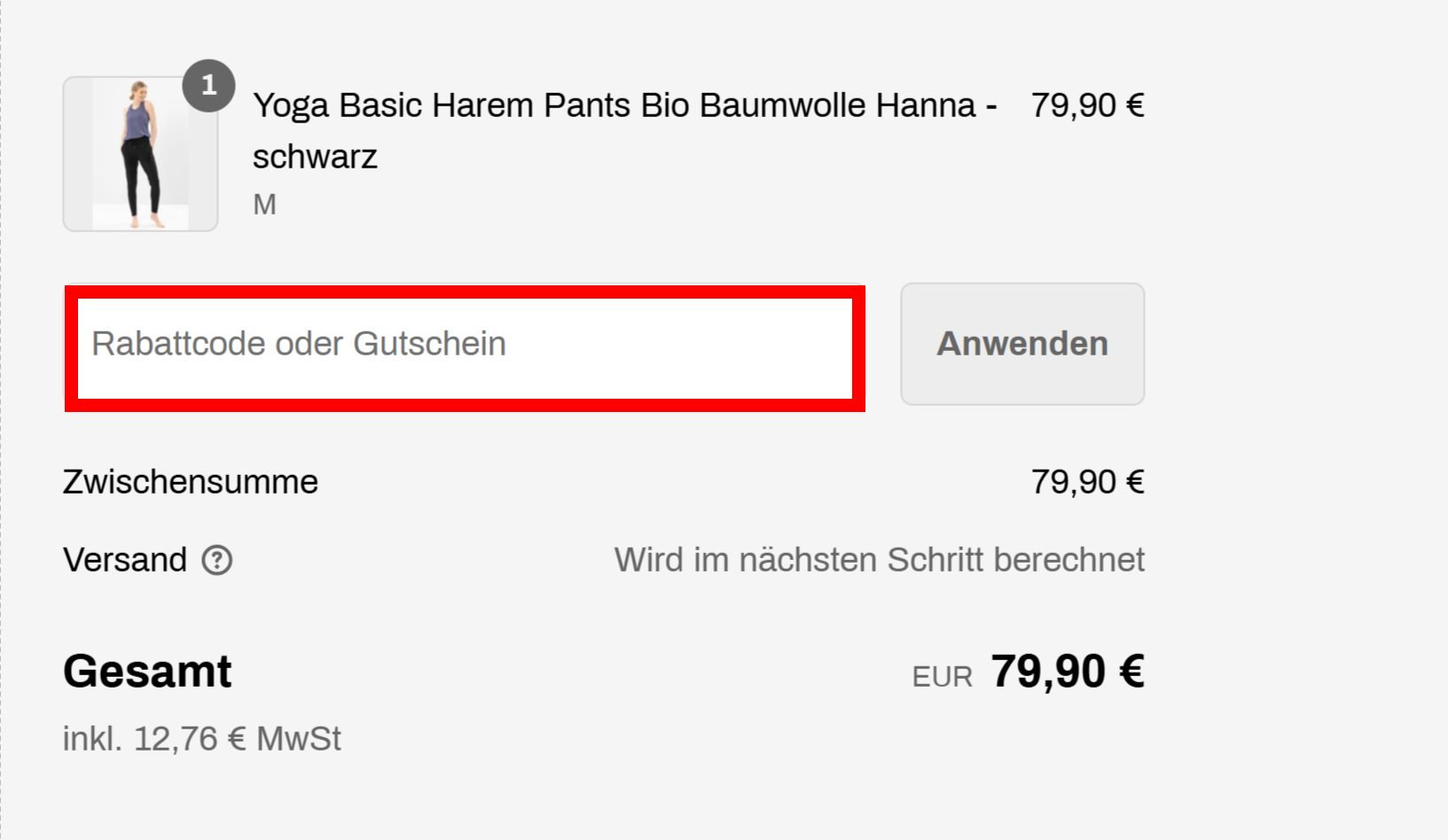 der Check-out von OGNX mit einem rotmarkiertem Eingabefeld für den Rabattcode