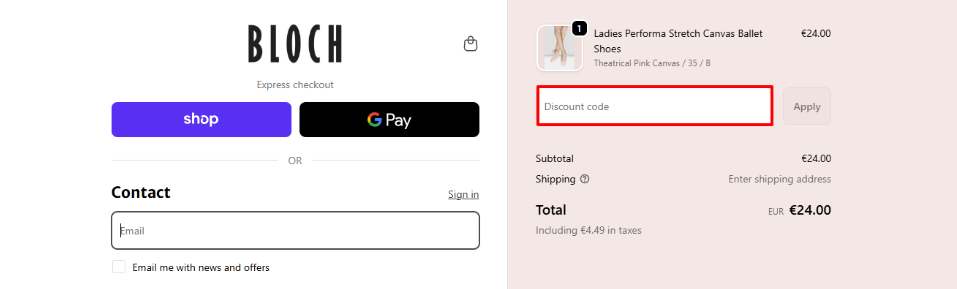 Bloch promo code place in the checkout