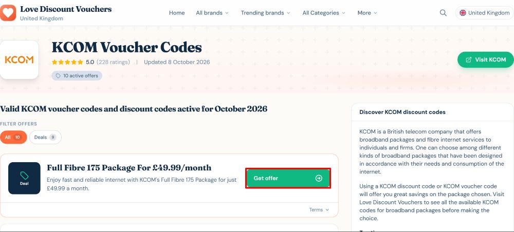 KCOM Love Discount Vouchers page where offers are highlighted