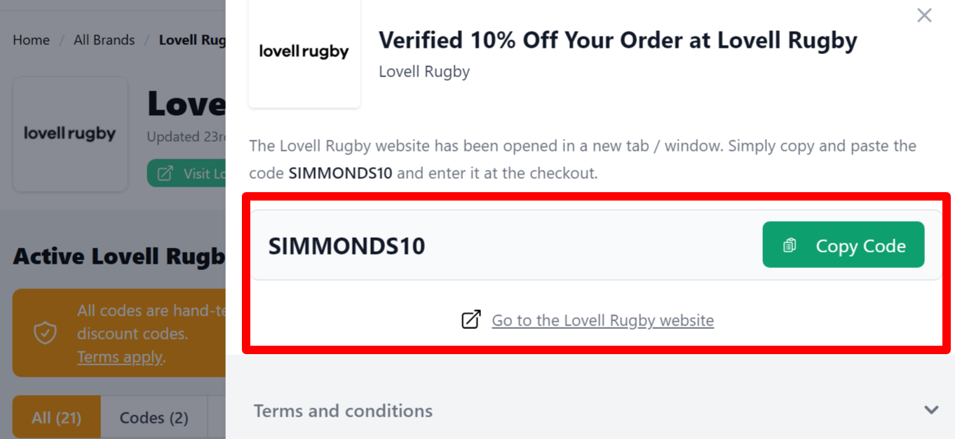 a highlighted link which customers can click after copying their Lovell Rugby discount code