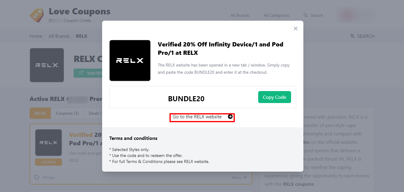 LoveCoupons sites available RELX promo code with a red box showing how to get to the brands website