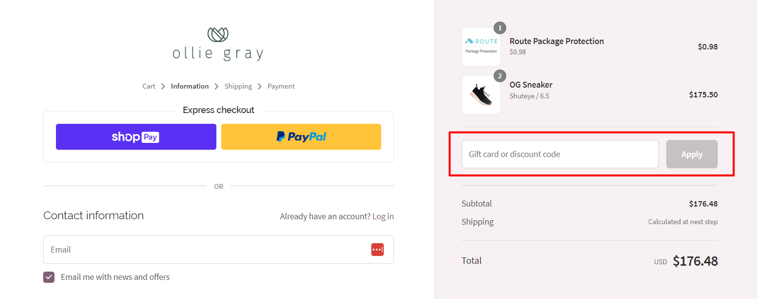 How do I use my Ollie Gray discount code?