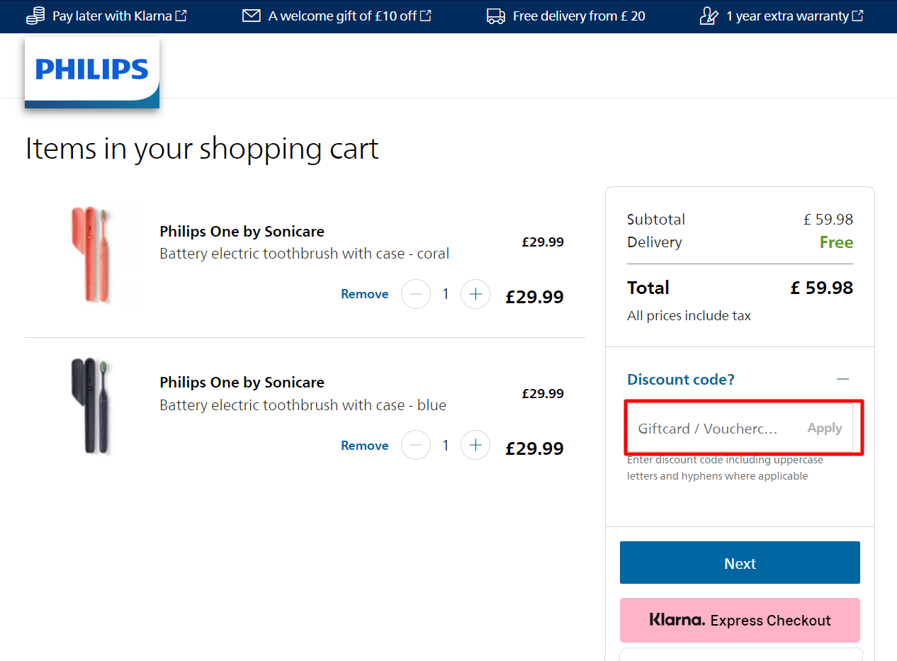The Philips checkout page with the Philips discount code(s) box is highlighted with a red box.