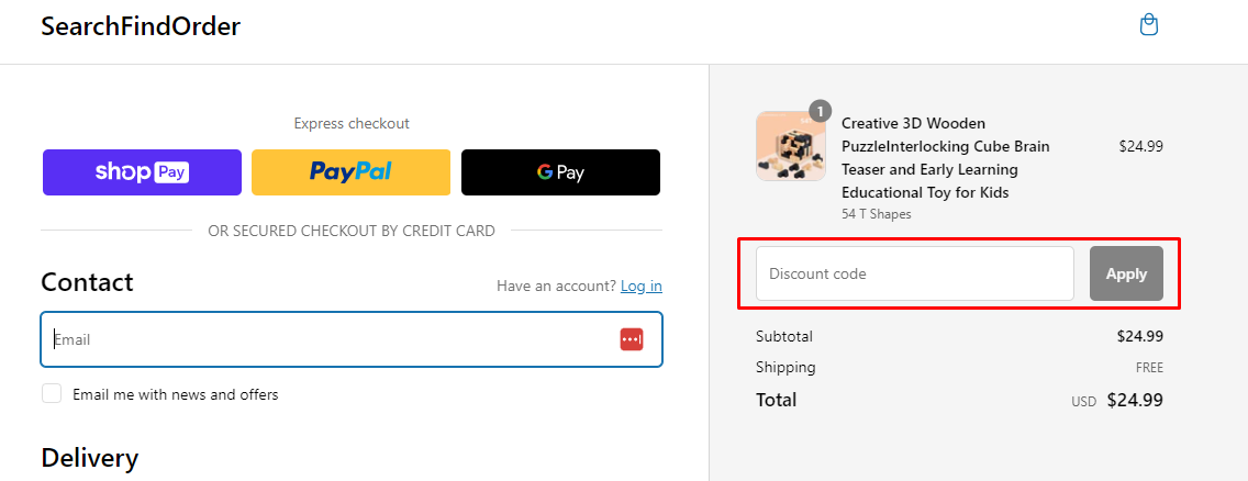 How do I use my SearchFindOrder discount code?