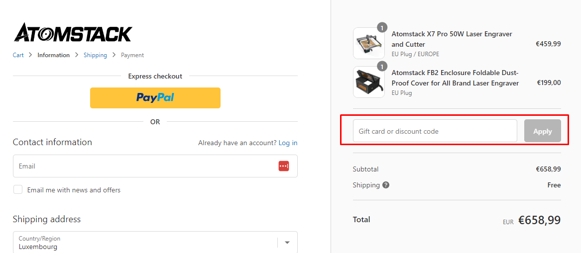 How do I use my Atomstack discount code?