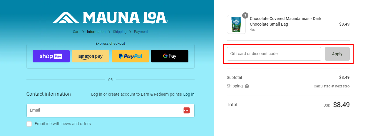 How do I use my Mauna Loa discount code?