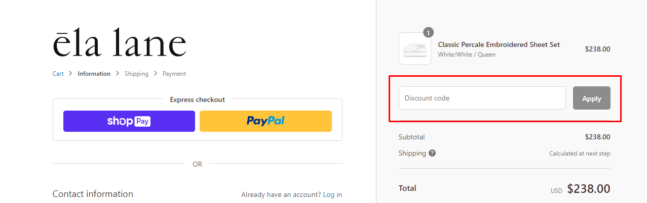 How do I use my Ela Lane discount code?