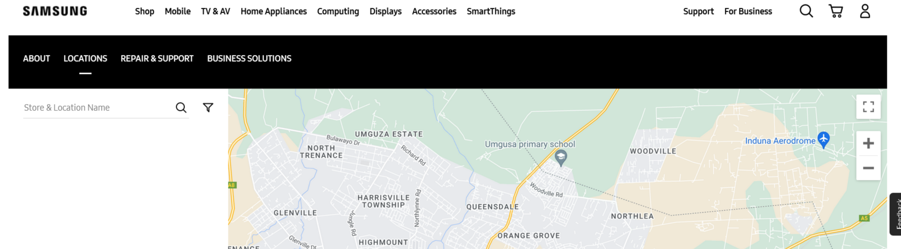 Locations are highlighted on a black heading background, and below it is a map showing possible service locations for a visitor.