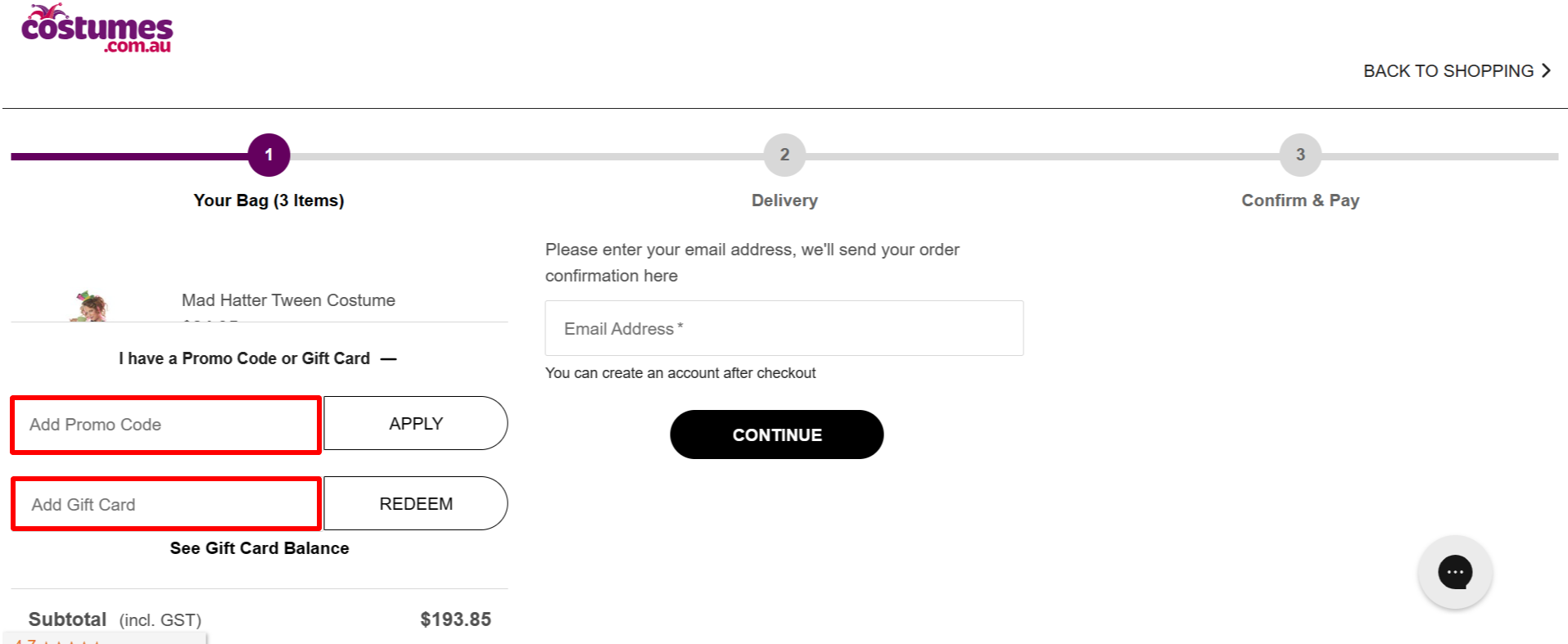 The brand checkout page with where to add the Costumes.com.au discount code highlighted with a red box