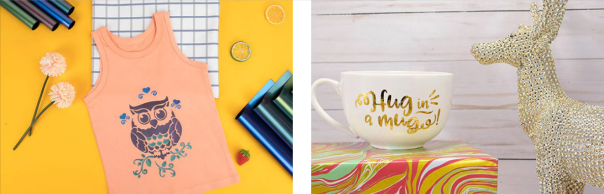 White mug that has been heat pressed using a royal gold and written hug a mug and a peach top with an owl