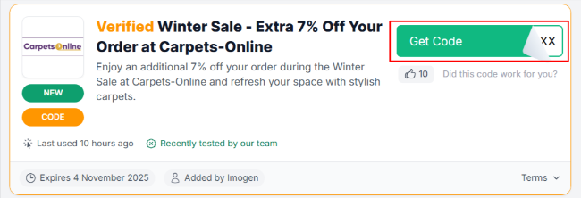 The Love Discount Vouchers page shows Carpets-Online UK promo codes and offers to use on your purchase