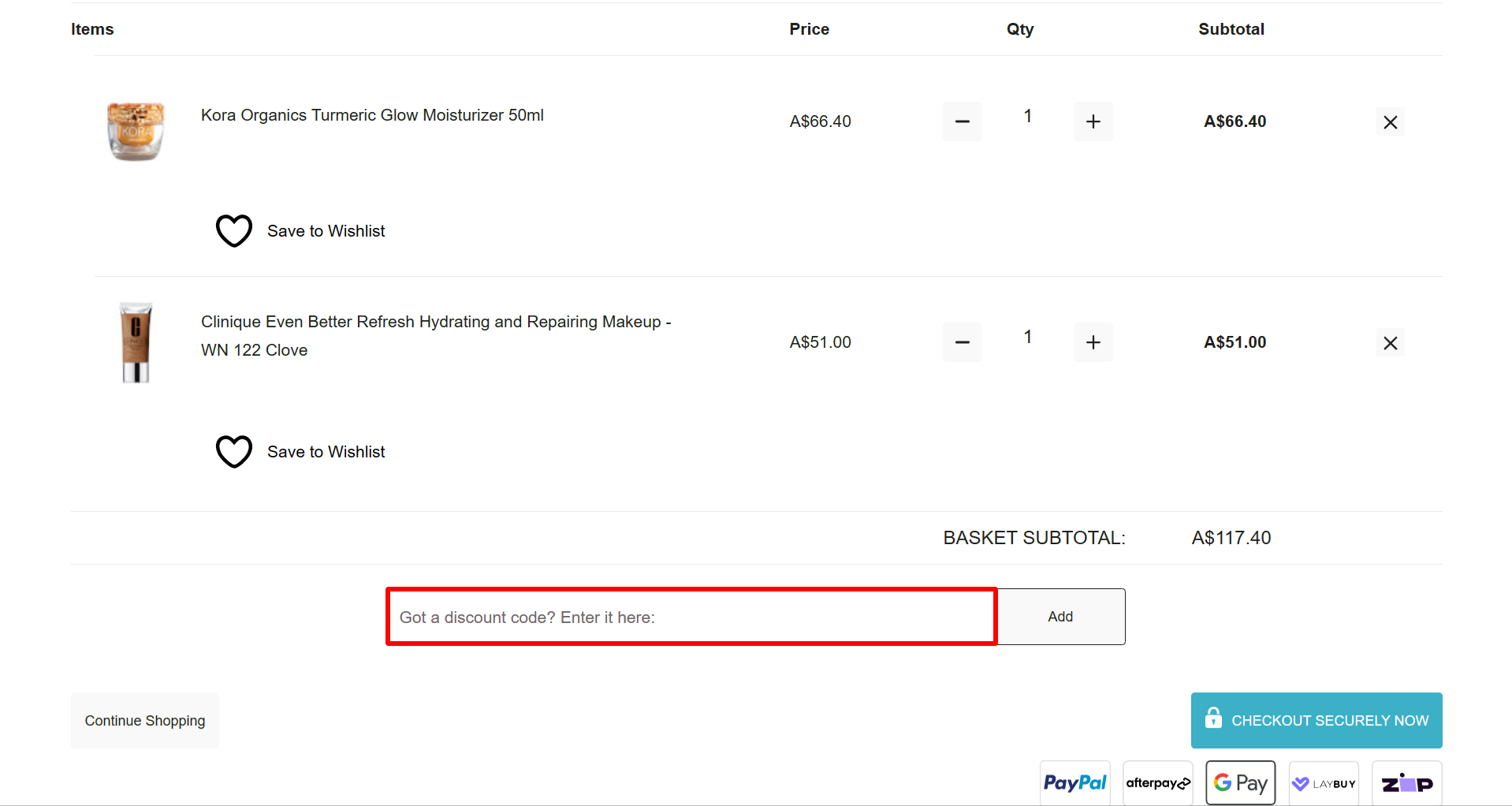 The brand checkout page with where to add the Facial Co discount code highlighted with a red box