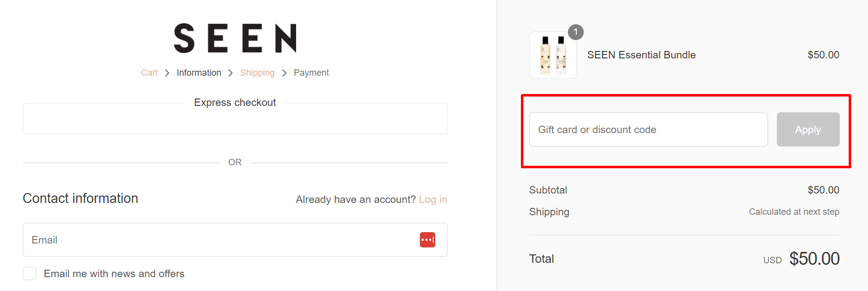 How do I use my SEEN disocunt code?