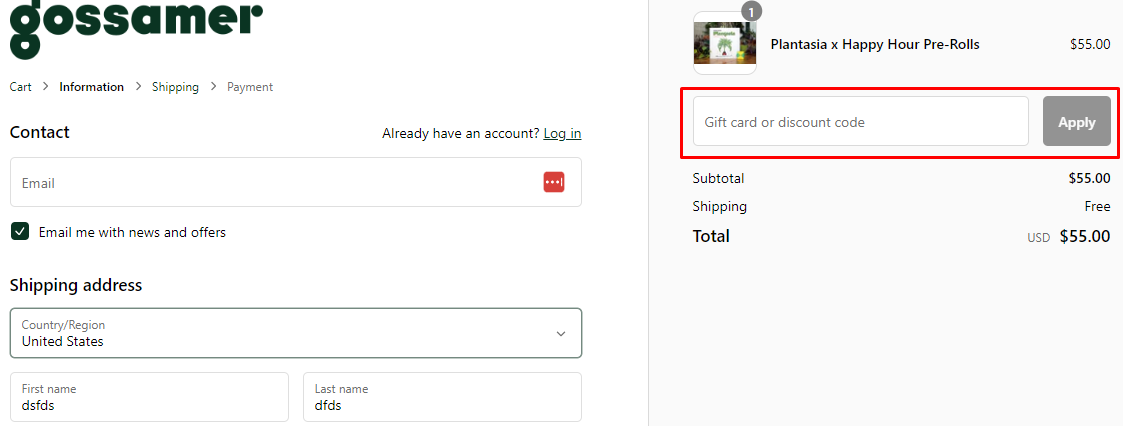 How do I use my Gossamer discount code?