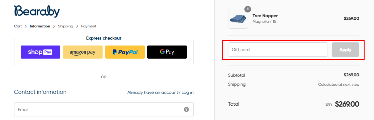 How do I use my Bearaby gift code?