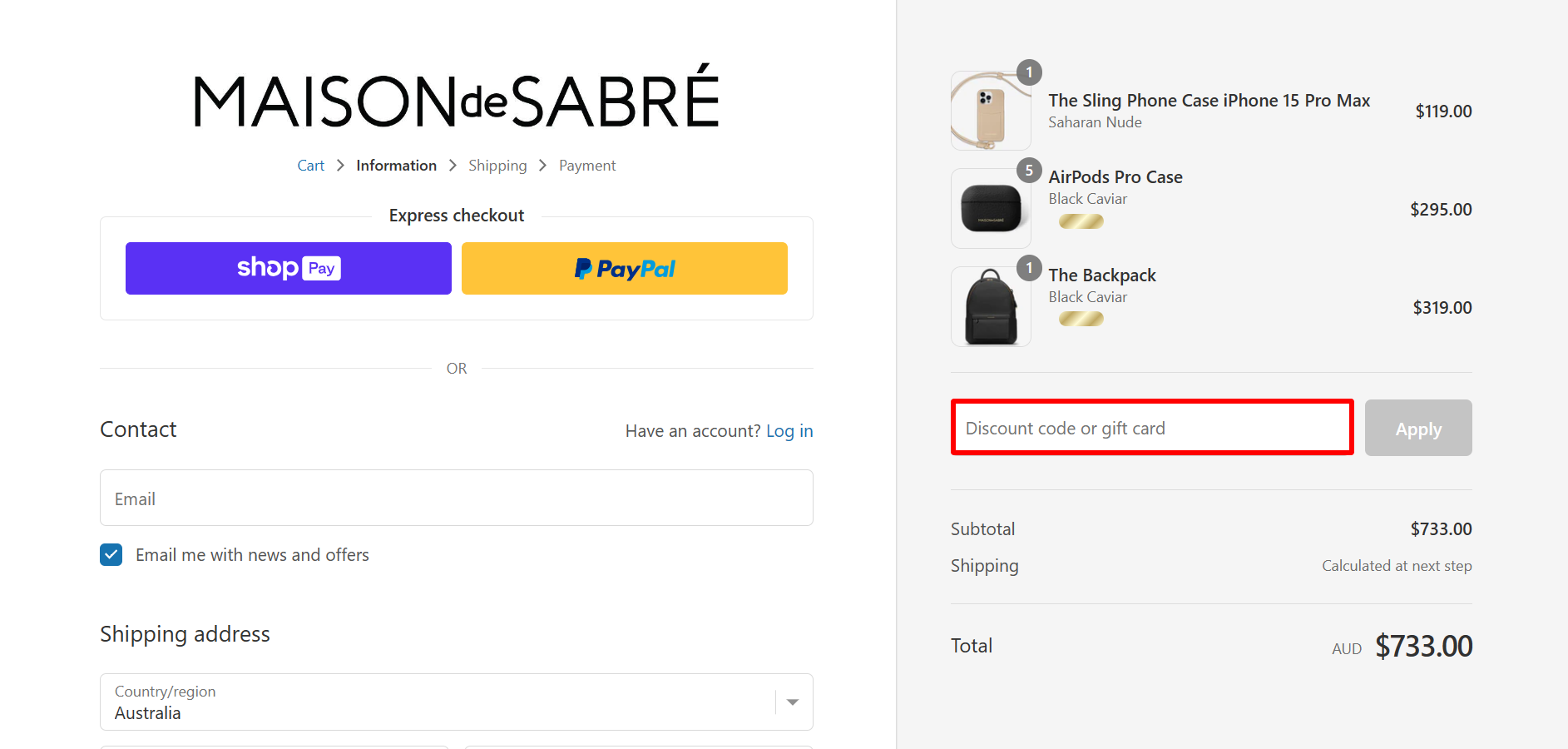 The highlighted red box at the brand checkout page is showing where to add the MAISON de SABRÉ discount code.