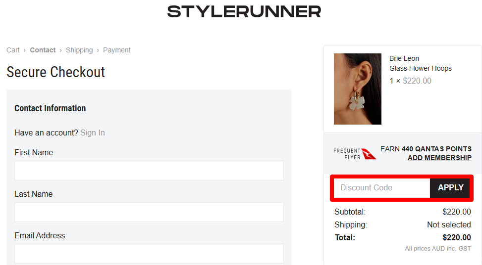 The Stylerunner discount code is entered in a red box on the checkout page for the brand.