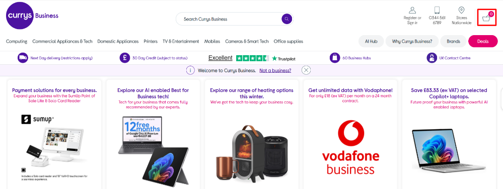 The Currys Business website showing search parameters for different categories