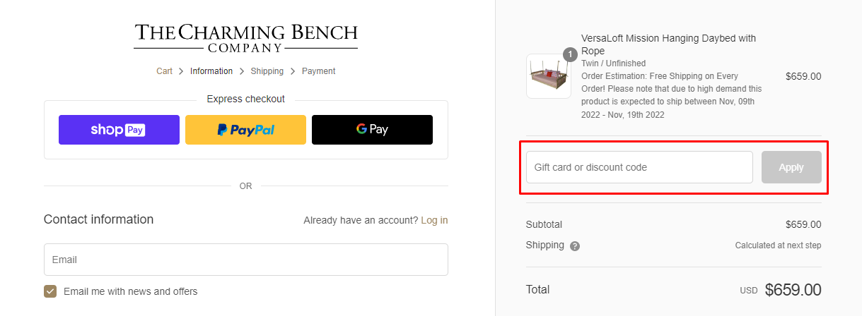 How do I use my The Charming Bench Company discount code?