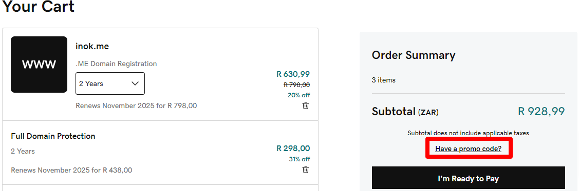 GoDaddy promo code box marked in red where customers put their code for it to be redeemed