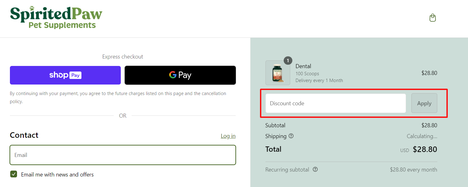 How do I use my Spirited Paw discount code?